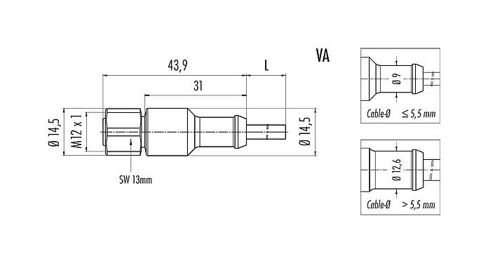 Schaaltekening M12 Kabeldoos, aantal polen: 5, onafgeschermd, aan de kabel aangegoten, IP68/IP69K, UL 2238, PUR, zwart, 5 x 0,34 mm², Roestvrij staal, 5 m