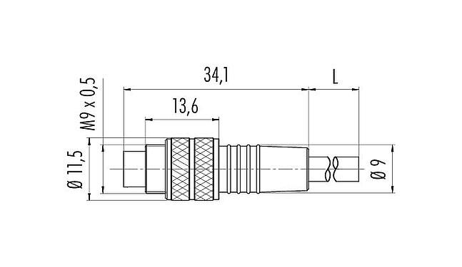 Dessin coté 79 1455 212 05 - M9 Connecteur mâle, Contacts: 5, non blindé, surmoulé sur le câble, IP67, PUR, noir, 5 x 0,25 mm², 2 m