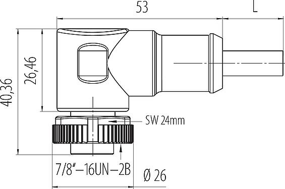 Disegno in scala 7/8" Connettore angolare femmin, Numero poli: 4, non schermato, stampato sul cavo, IP68, UL 2238, PUR, nero, 4 x 1,50 mm², 2 m