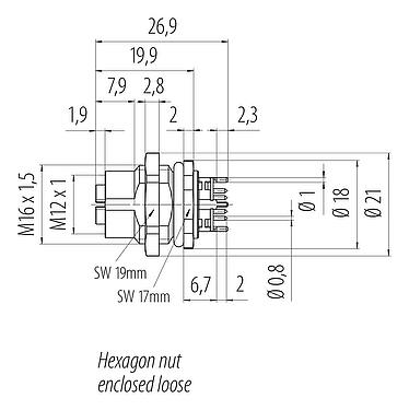 Disegno in scala M12 Connettore femmina a flangia, Numero poli: 8, schermabile, THT, IP67, UL, M16x1,5, Montaggio su panello posteriore