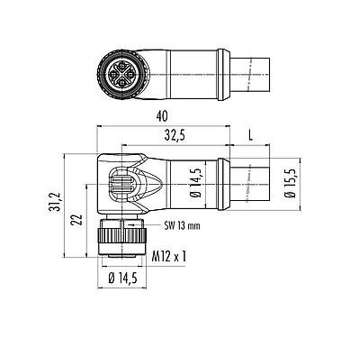Scale drawing 77 0694 0000 50704-0500 - M12 Female angled connector, Contacts: 3+PE, unshielded, moulded on the cable, IP68, PUR, black, 4 x 1.50 mm², 5 m