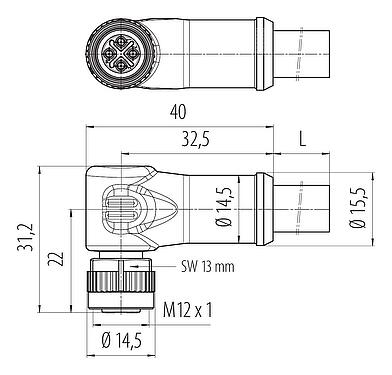 Mittakaavapiirustus M12 Kulmarasia, Napojen määrä: 3+PE, suojaamaton, suihkutettu kaapelille, IP68, UL, PUR, musta, 4 x 1,50 mm², 5 m