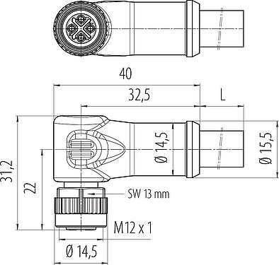 Schaaltekening M12 Female haakse connector, aantal polen: 3+PE, onafgeschermd, aan de kabel aangegoten, IP68, UL, PUR, zwart, 4 x 1,50 mm², 5 m