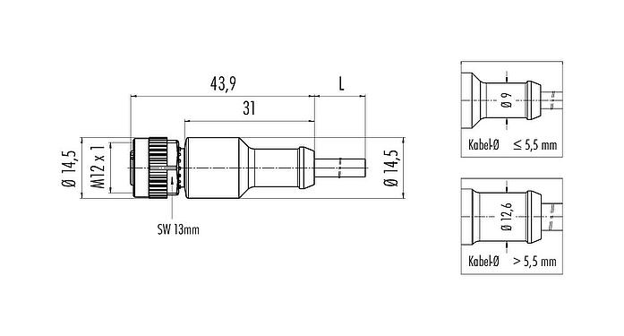 Maßzeichnung M12 Kabeldose, Polzahl: 4, ungeschirmt, am Kabel angespritzt, IP68/IP69K, PUR, schwarz, 4 x 0,34 mm², 2 m