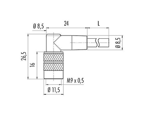 Mittakaavapiirustus 79 1456 272 05 - M9 Kulmarasia, Napojen määrä: 5, suojaamaton, suihkutettu kaapelille, IP67, PUR, musta, 5 x 0,25 mm², 2 m