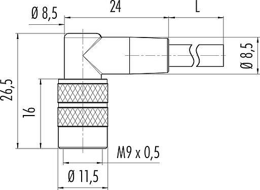 Desenho da escala M9 Tomada angular, Contatos: 5, desprotegido, moldado no cabo, IP67, PUR, preto, 5 x 0,25 mm², 5 m