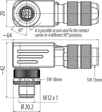 縮尺図 M12 オスアングルコネクタ, 極数: 4, 5.0-8.0mm, シールド可能, 圧着(ピンコンタクトは別途注文要), IP67