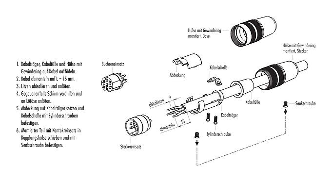 Montageanleitung M16 Kabeldose, Polzahl: 3 (03-a), 6,0-8,0 mm, ungeschirmt, löten, IP40
