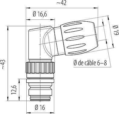 Dessin coté Snap-In Connecteur femelle coudé, Contacts: 3, 6,0-8,0 mm, non blindé, souder, IP67