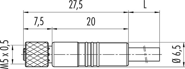 Scale drawing M5 Female cable connector, Contacts: 4, shielded, moulded on the cable, IP67, UL 2238, M5x0.5, PUR, black, 4 x 0.14 mm², 2 m
