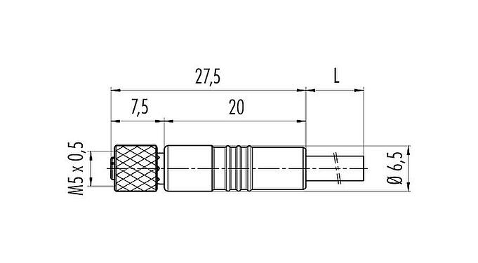Mittakaavapiirustus M5 Kaapelirasia, Napojen määrä: 3, suojattu, suihkutettu kaapelille, IP67, UL 2238, M5x0,5, PUR, musta, 3 x 0,14 mm², 5 m