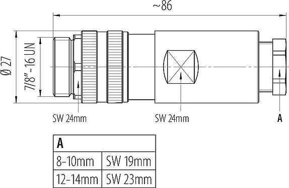 Dibujo a escala 7/8" Conector de cable macho, Número de contactos: 4+PE, 12,0-14,0 mm, sin blindaje, tornillo extraíble, IP67, UL 2238, VDE