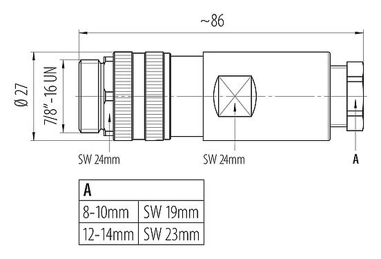 Maßzeichnung 7/8" Kabelstecker, Polzahl: 2+PE, 12,0-14,0 mm, ungeschirmt, schraubklemm, IP67, UL 2238, VDE