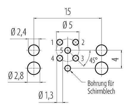 Leiterplattenlayout M12 Flanschdose, Polzahl: 5, schirmbar, THR, IP68, UL 2238, M12x1,0, Rückwandmontage