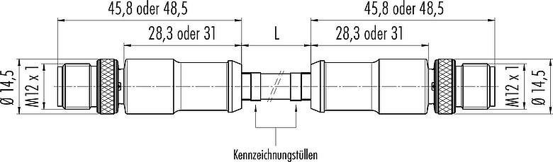 Maßzeichnung M12 Verbindungsleitung 2 Kabelstecker, Polzahl: 4, geschirmt, am Kabel angespritzt, IP67, UL, Profinet/Ethernet CAT5e, PUR, grün, 4 x AWG 22, 5 m