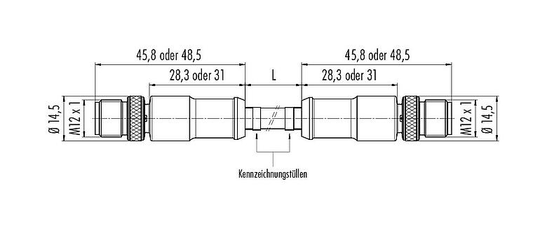 Maßzeichnung M12 Verbindungsleitung 2 Kabelstecker, Polzahl: 4, geschirmt, am Kabel angespritzt, IP67, UL, Profinet/Ethernet CAT5e, PUR, grün, 4 x AWG 22, 5 m