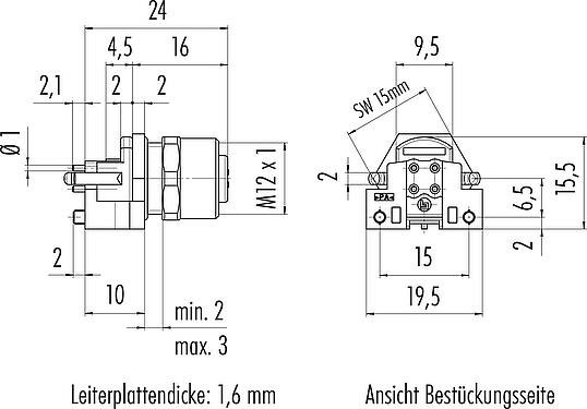 Maßzeichnung M12 Flanschdose, Polzahl: 5, schirmbar, THR, IP68, UL 2238, M12x1,0, Rückwandmontage