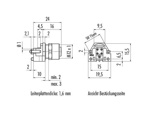 Maßzeichnung M12 Flanschdose, Polzahl: 5, schirmbar, THR, IP68, UL 2238, M12x1,0, Rückwandmontage