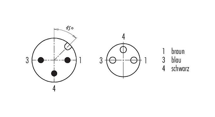 Polbild (Steckseite) 77 3429 3408 50003-0100 - M12 Kabelstecker - Winkeldose M8x1, Polzahl: 3, ungeschirmt, am Kabel angespritzt, IP67, UL, PUR, schwarz, 3 x 0,34 mm², 1 m