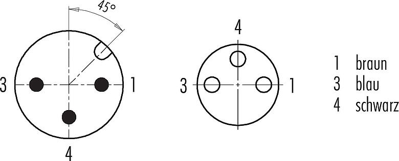 Polbild (Steckseite) M12/M8 Kabelstecker - Kabeldose, Polzahl: 3, ungeschirmt, am Kabel angespritzt, IP67/IP69K, UL 2238, PUR, schwarz, 3 x 0,34 mm², 2 m
