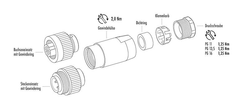 Einzelteildarstellung RD24 Kabelstecker, Polzahl: 6+PE, 8,0-10,0 mm, ungeschirmt, löten, IP67, UL, ESTI+, VDE, PG 11