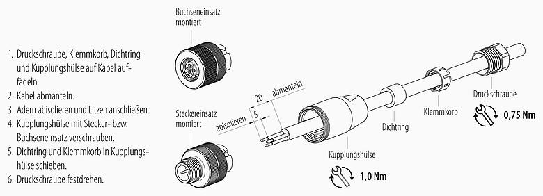 Montageanleitung M12 Kabeldose, Polzahl: 2+PE, 4,0-6,0 mm, ungeschirmt, schraubklemm, IP67