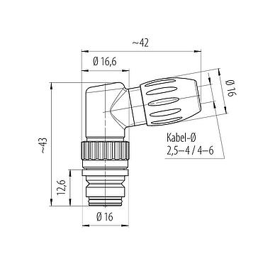 Maßzeichnung Snap-In Winkeldose, Polzahl: 8, 2,5-4,0 mm, ungeschirmt, löten, IP67