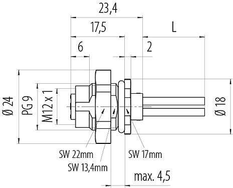 Disegno in scala M12 Connettore femmina a flangia, Numero poli: 4, non schermato, fili singoli, IP68, UL 2238, PG 9, Montaggio su panello posteriore, modellato