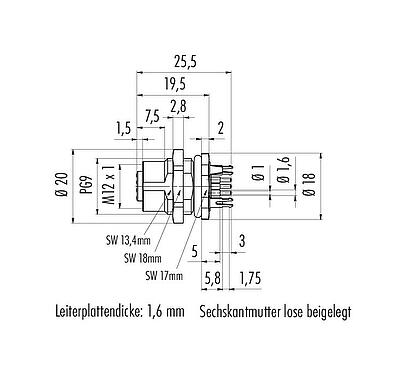 Maßzeichnung M12 Flanschdose, Polzahl: 5, schirmbar, THT, IP68, UL 2238, PG 9, Rückwandmontage, vergossen