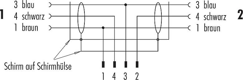 Belegungspläne M12 Kabelsplitter Kabelstecker - 2 Kabeldosen, Polzahl: 4/3, geschirmt, am Kabel angespritzt, IP68, PUR, schwarz, 3 x 0,34 mm², 2 m