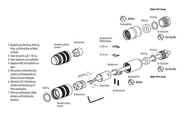 Montageanleitung M16 Kabeldose, Polzahl: 4 (04-a), 6,0-8,0 mm, schirmbar, schraubklemm, IP67, UL 2238