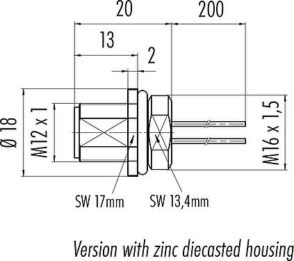 Disegno in scala M12 Connettore maschio a flangia, Numero poli: 8, non schermato, fili singoli, IP68, UL 2238, M16x1,5, Montaggio anteriore