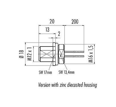 Scale drawing 76 0231 0011 00008-0200 - M12 Male panel mount connector, Contacts: 8, unshielded, single wires, IP68, UL, M16x1.5