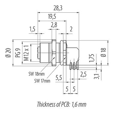 Výkres v měřítku M12 Přírubová zásuvka, : 5, stínitelné, THT, IP68, UL 2238, PG 9, Montáž na zadní stěnu, tvarované