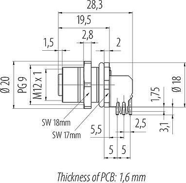 Výkres v měřítku M12 Přírubová zásuvka, : 4, stínitelné, THT, IP68, UL 2238, PG 9, Montáž na zadní stěnu, tvarované