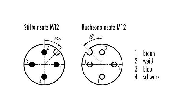 Polbild (Steckseite) M12 Verbindungsleitung Kabelstecker - Kabeldose, Polzahl: 4, geschirmt, am Kabel angespritzt, IP67, UL 2238, PUR, schwarz, 4 x 0,34 mm², 2 m