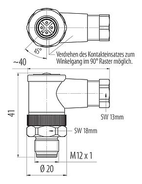 Maßzeichnung M12 Winkelstecker, Polzahl: 4, 4,0-6,0 mm, ungeschirmt, schraubklemm, IP67, UL 2238