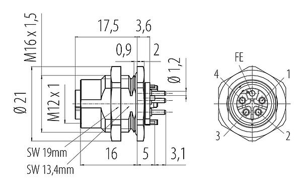Bản vẽ tỷ lệ M12 Ổ cắm gắn bảng, Số lượng cực : 4+FE, không có chống nhiễu, THR, IP67, UL 2238, M16x1,5, Chốt trung tâm