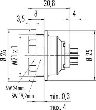 Scale drawing Push Pull Female panel mount connector, Contacts: 8, shieldable, solder, IP67, M21x1,0, Rear mounting
