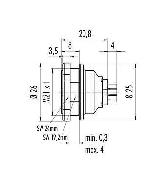 Scale drawing Push Pull Female panel mount connector, Contacts: 8, unshielded, solder, IP67, M21x1,0, Rear mounting