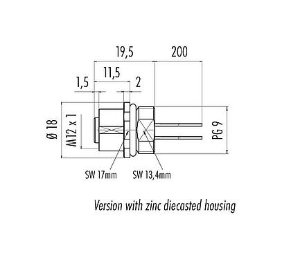 Dessin coté M12 Embase femelle, Contacts: 4, non blindé, fils, IP68, UL 2238, PG 9, Montage frontal