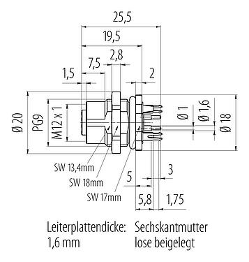 Maßzeichnung M12 Flanschdose, Polzahl: 4, schirmbar, THT, IP67, UL 2238, PG 9, Rückwandmontage, vergossen