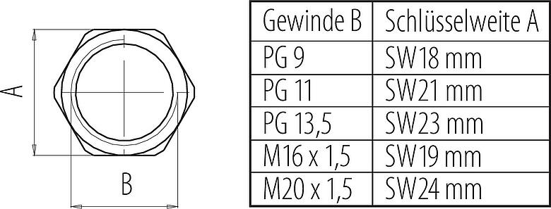 Maßzeichnung 16 0917 001 - M12 A/B/D/K/L/S/T/US/X - Sechskantmutter für Befestigungsgewinde M20x1,5