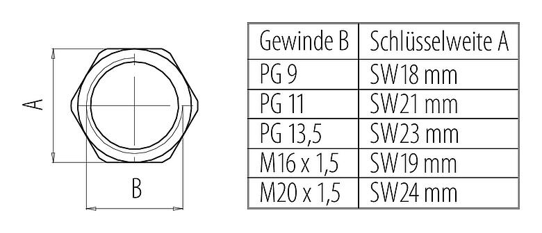 Maßzeichnung 16 0917 001 - M12 A/B/D/K/L/S/T/US/X - Sechskantmutter für Befestigungsgewinde M20x1,5