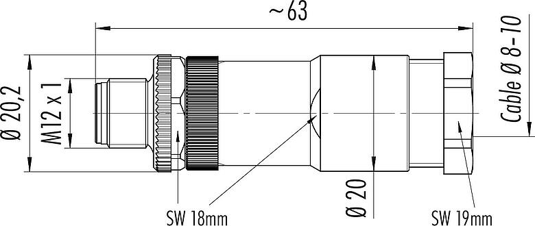 比例圖 M12 直頭針頭電纜連接器, : 4, 8.0-10.0mm, 非遮罩, 螺釘接線, IP67, UL 2238, VDE, PG 11, 用於供電
