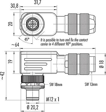 Scale drawing M12 Male angled connector, Contacts: 5, 5.0-8.0 mm, shieldable, screw clamp, IP67, UL 2238, iris spring