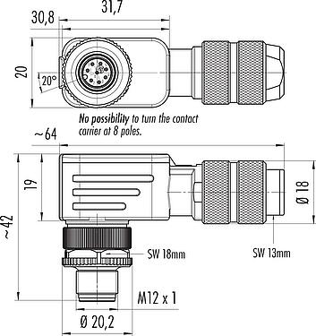 Skalritning M12 Vinkelplugg, antal poler: 8, 5,0-8,0 mm, kan skärmas, skruvkläm, IP67, UL 2238, Irisfjäder