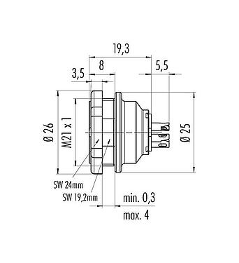 Méretarányos rajz Push Pull panelre szerelhető foglalat, : 6, árnyékolatlan, kézi forrasztású, IP67, M21x1,0, hátsó panel felszerelés