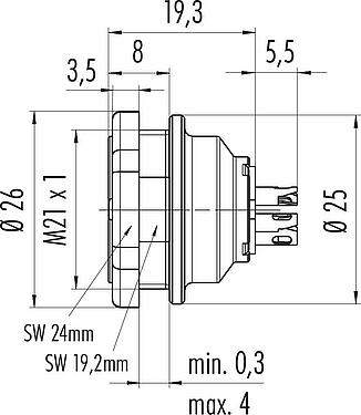 Scale drawing Push Pull Female panel mount connector, Contacts: 6, shieldable, solder, IP67, M21x1,0, Rear mounting