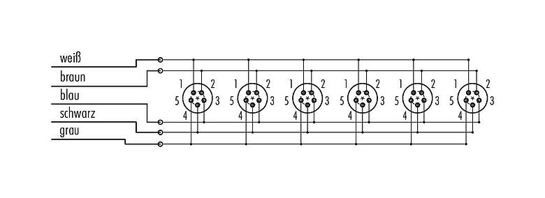 Belegungspläne Snap-In 6-fach-Verteiler, Polzahl: 5, ungeschirmt, am Kabel angespritzt, IP67, 5 x 0,75 mm²
